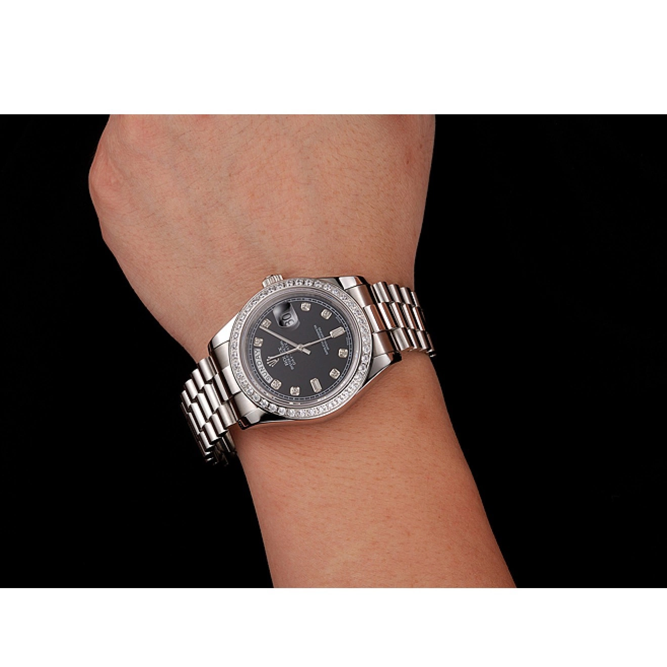 MiroTime 0810 Swiss Rolex Day-Date Black Dial Diamond Case Diamond Numerals Stainless Steel Bracelet 1453966